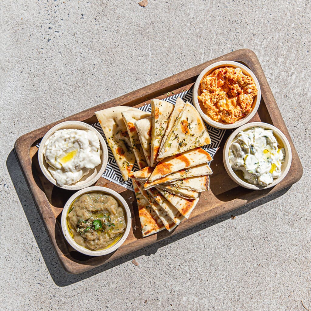 dip taster plate with warm pita bread
