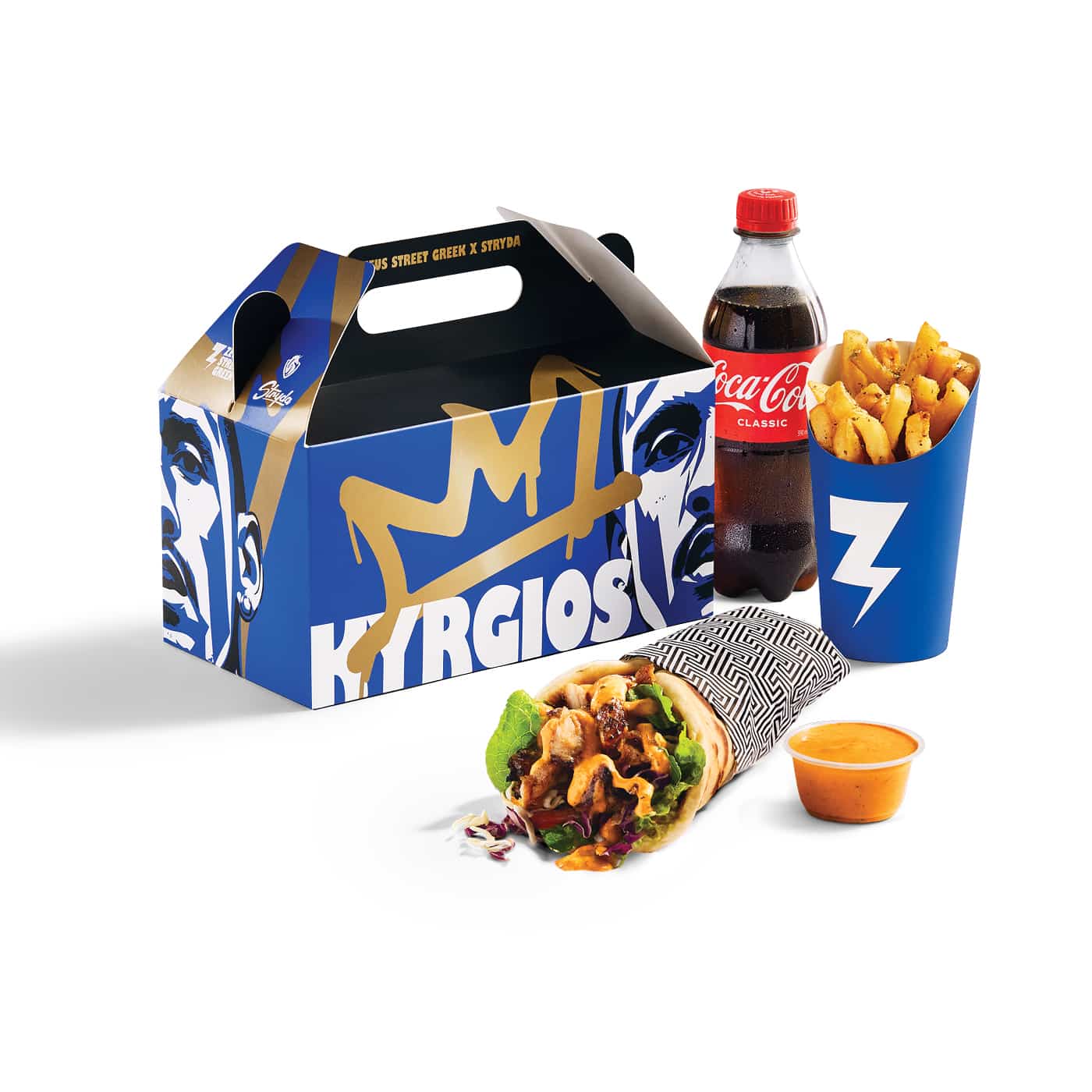 Flame-grilled chicken pita with Nick's spicy sambal-tamarind aioli, Yia Yia's chips and a soft drink